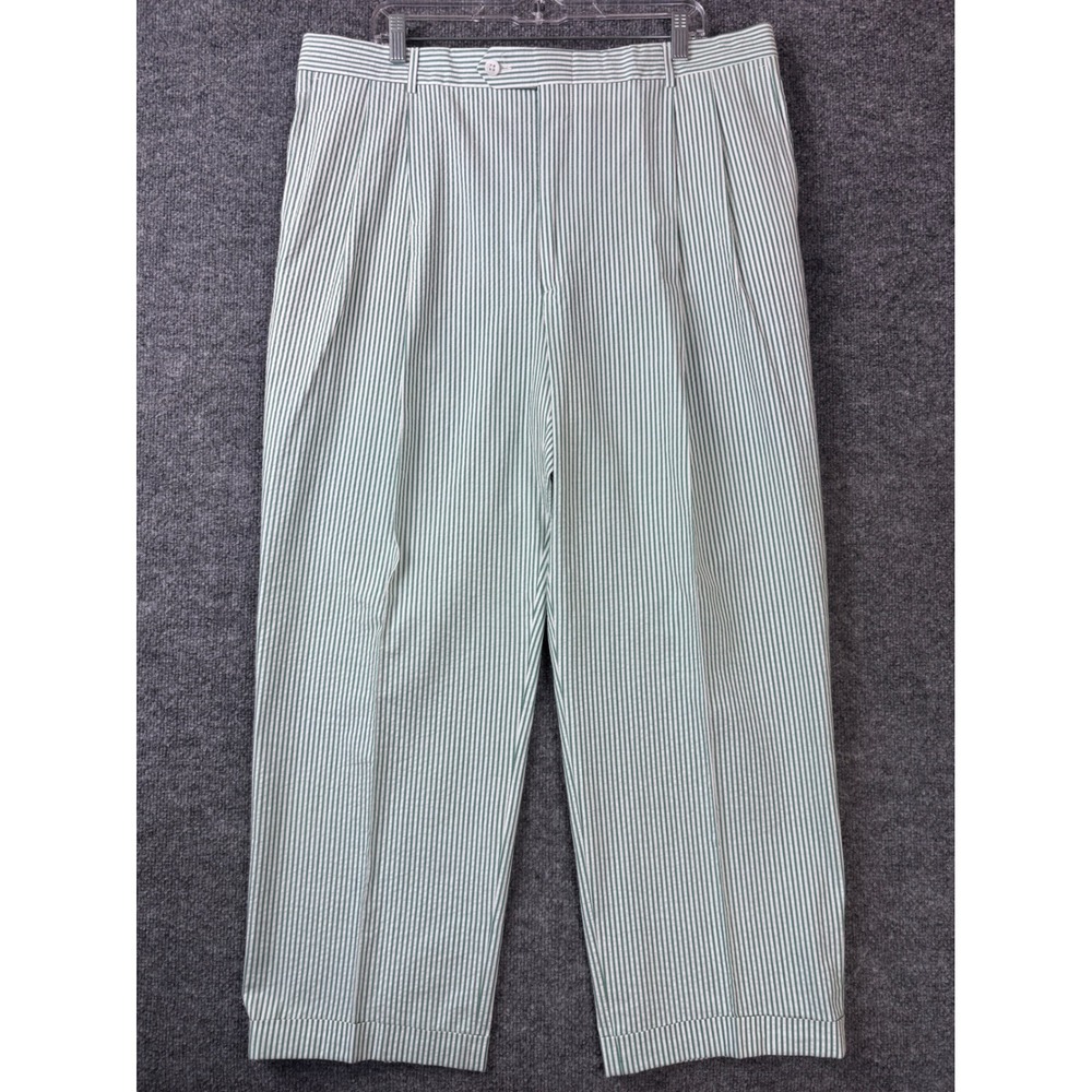 Berle Pants Mens 38x28 Green White Seersucker Striped Pleated Cuffed Preppy